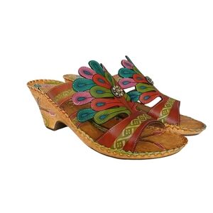 Elite By Corkys Bonsai Leather Wedge Sandals Women's 7 Jeweled Peacock Colorful